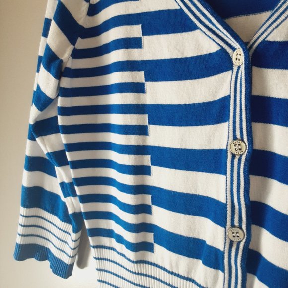Belldini Striped Cardigan, V-neck, 3/4 Sleeve, Royal Blue & White | Medium - Picture 7 of 14
